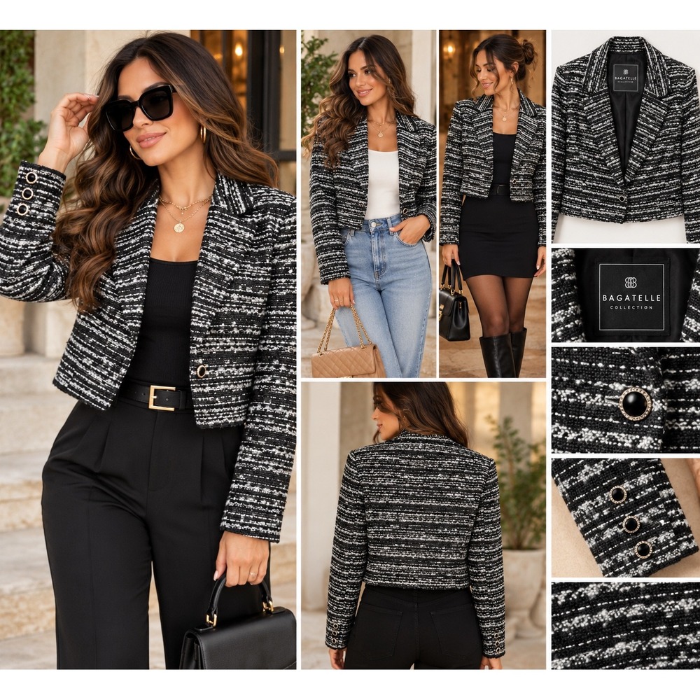 Bagatelle Collection Womens Cropped Tweed Blazer Black White Wool Blend Jacket